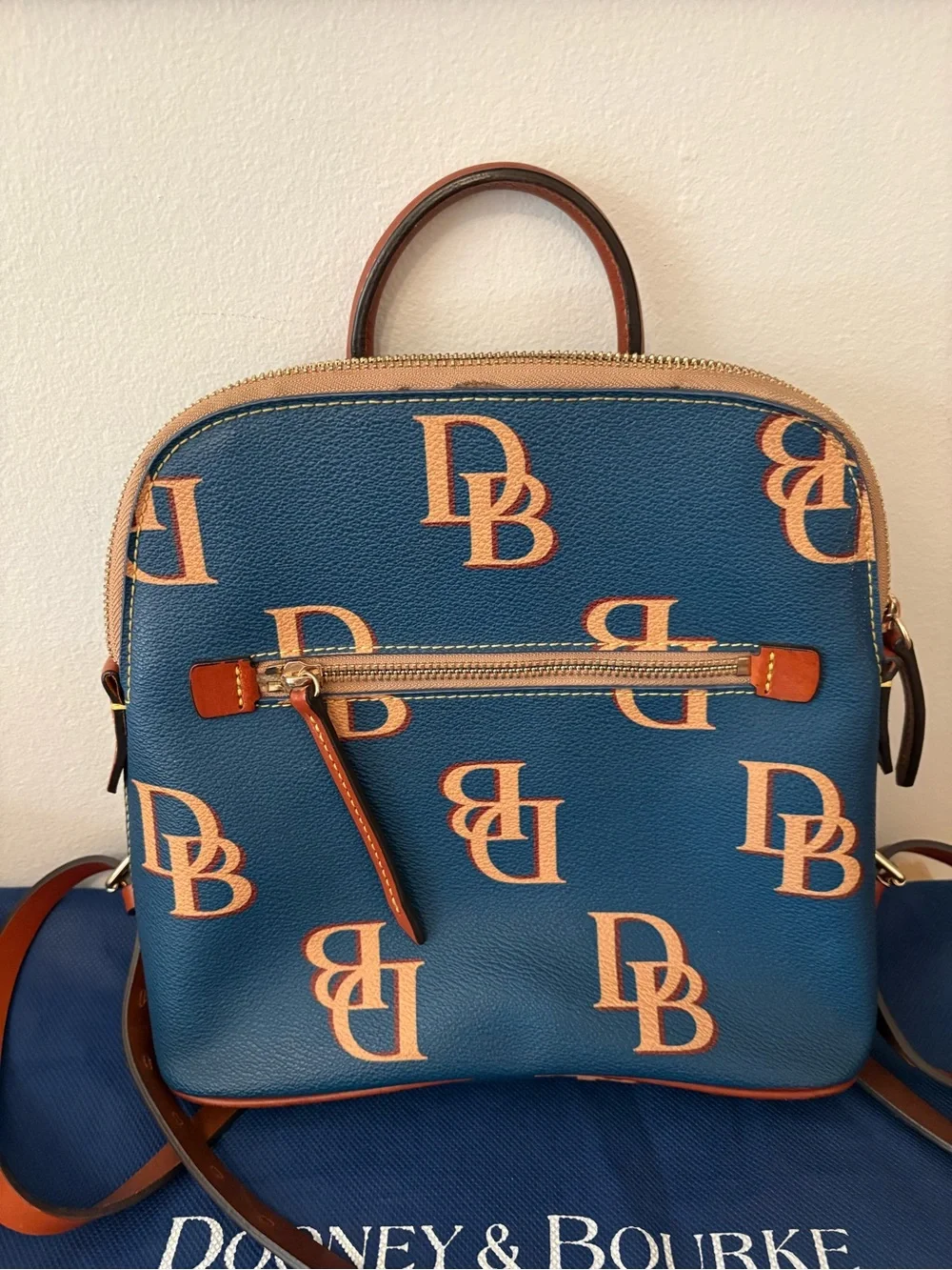 Dooney & Bourke Blue Backpack with Tan Monogram Accents w/ Dust Bag